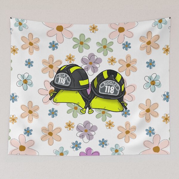 Item preview, Evan Buckley and Eddie Diaz firefighter helmets with flower background designed and sold by AnnesCreatives.