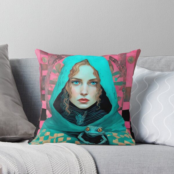 Item preview, A woman in a hooded coat with a pair of frogs, on a background with a checkerboard pattern in shades of pink and turquoise. designed and sold by Natalia-Vlad.