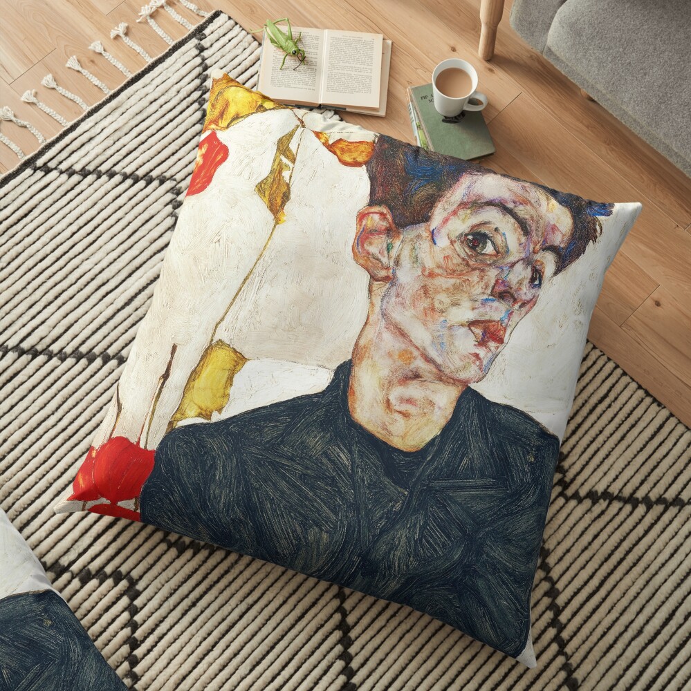 HD Self Portrait with Physalis by Egon Schiele 1914 HIGH DEFINITION Floor Pillow