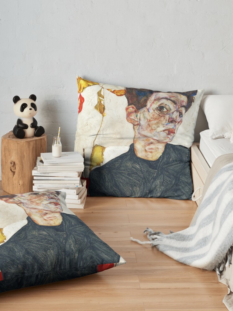 Alternate view of HD Self Portrait with Physalis by Egon Schiele 1914 HIGH DEFINITION Floor Pillow