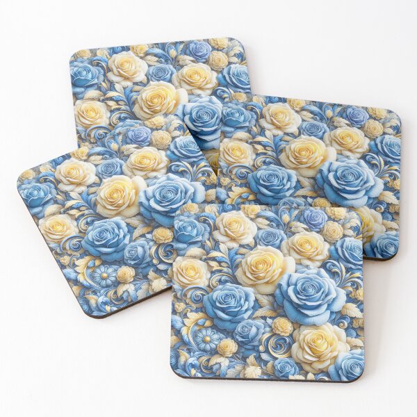Item preview, Golden and Cerulean Roses Contrast in Floral Harmony designed and sold by ArtComixHaven.
