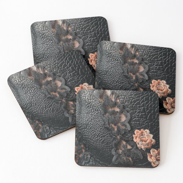 Item preview, Black leather texture and peach fuzz embroidered flowers designed and sold by Fantasyplus.