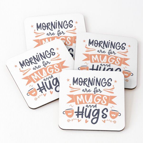 Item preview, Mornings are for Mugs and Hugs: Orange and Dark Blue Font with Decored Mugs, Hearts, and Stars designed and sold by HahaHandlesHub.