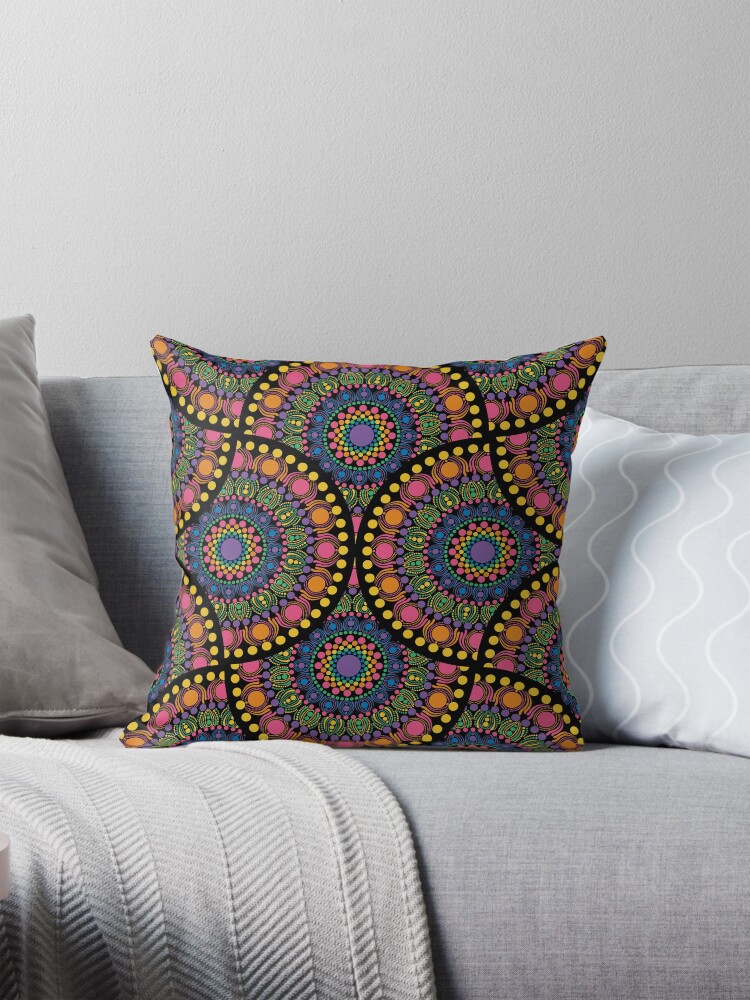 Pillow, Maximalist Rainbow Mardigras Dot Mandala Art Deco Fans designed and sold by Triplicate Limited