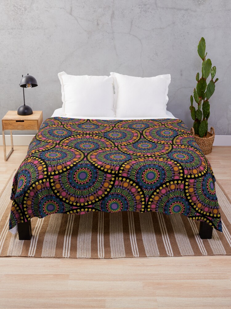 Throw Blanket, Maximalist Rainbow Mardigras Dot Mandala Art Deco Fans designed and sold by Triplicate Limited