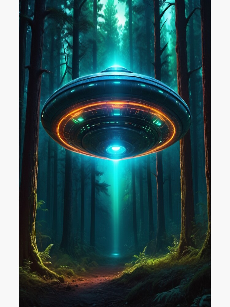 Thumbnail 3 of 3, Sticker, Neon Forest Encounter - Ufo Art designed and sold by eXtraHumans.