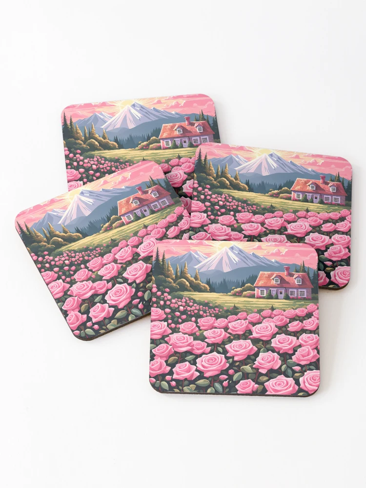 Thumbnail 1 of 5, Coasters (Set of 4), Pink Roses designed and sold by VeiledVision.