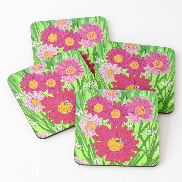 Artikelvorschau, leuchtend rosa Blüten und eine kleine Honigbiene entworfen und verkauft von HarpersArts.