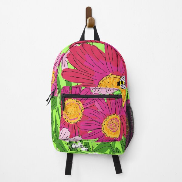 Artikelvorschau, leuchtend rosa Blüten und eine kleine Honigbiene entworfen und verkauft von HarpersArts.
