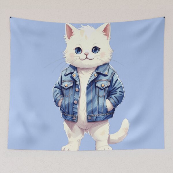 Item preview, White Cat in a Denim jacket designed and sold by PierreAlbijanic.