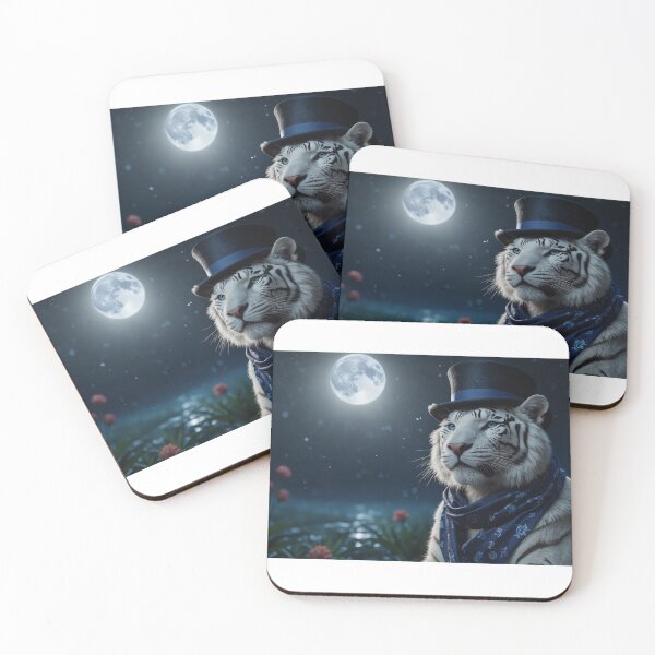 Item preview, white tiger with a top hat blue scarf and full moon  designed and sold by abbeyashes.
