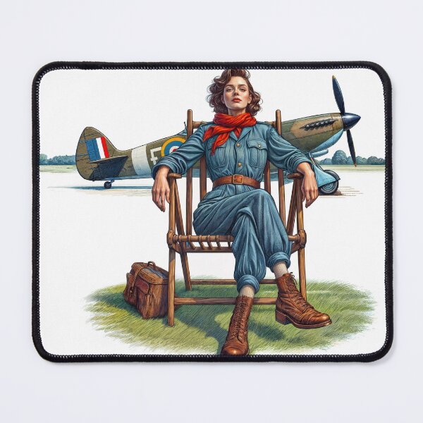 Item preview, WW2 Pinup girl in uniform sitting on an airstrip in front of a vintage Spitfire designed and sold by Bombergirls.
