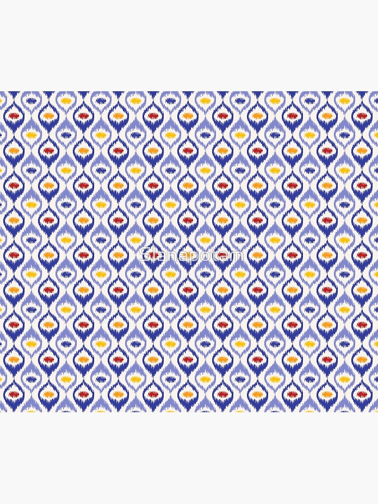 Ikat pattern, blue ogee shapes with red, yellow, orange by Slanapotam