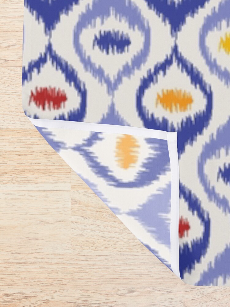 Alternate view of Ikat pattern, blue ogee shapes with red, yellow, orange Shower Curtain