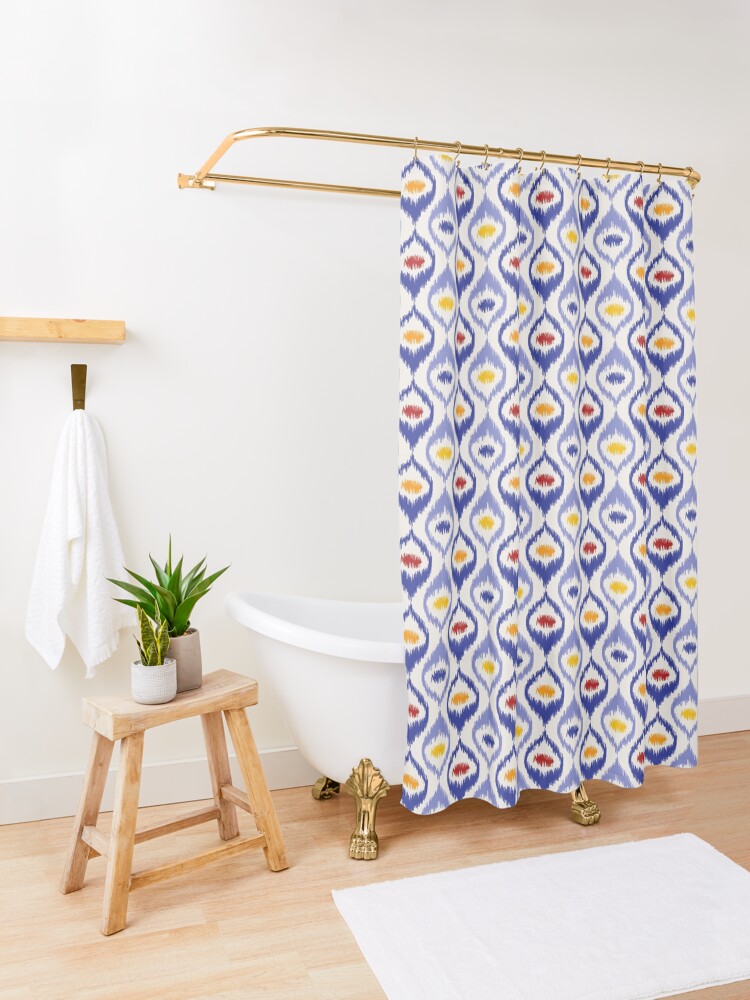 Alternate view of Ikat pattern, blue ogee shapes with red, yellow, orange Shower Curtain