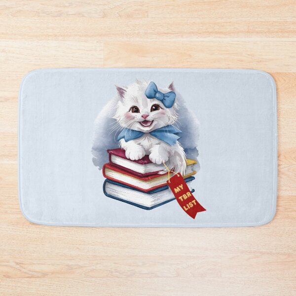 Item preview, My TBR List Funny Sky Blue Book Stack Cute Coquette Kitten wearing Blue Bow and Ribbon with Red Bookmark for Book Lovers, Book Readers and White Cat Lovers designed and sold by moproconcepts.
