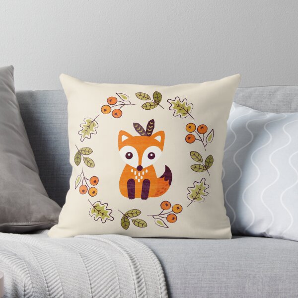 Little Fox with Autumn Berries Throw Pillow