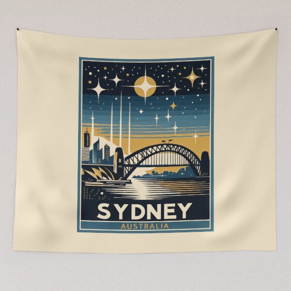 Item preview, Vintage Sydney at night travel poster in retro minimal design designed and sold by pod24.