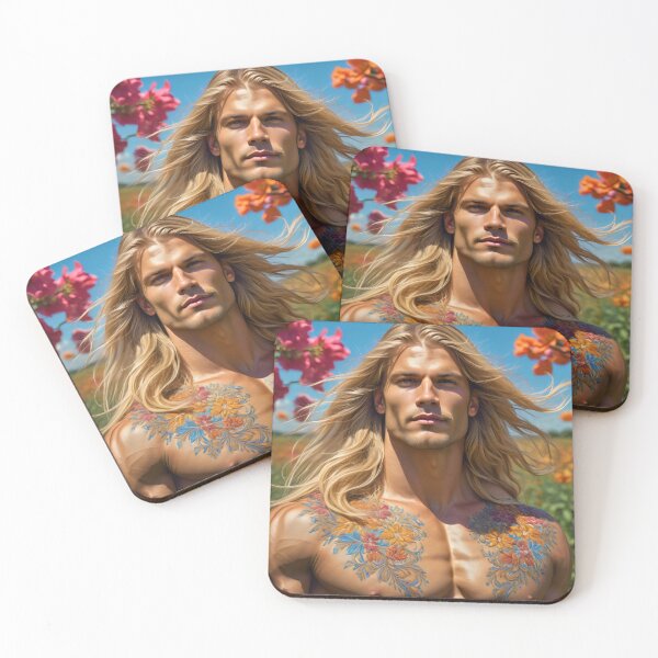 Item preview, Blonde Hunk With Long blonde Hair and Beautiful Floral Pattern in a Field designed and sold by withdiamonds.
