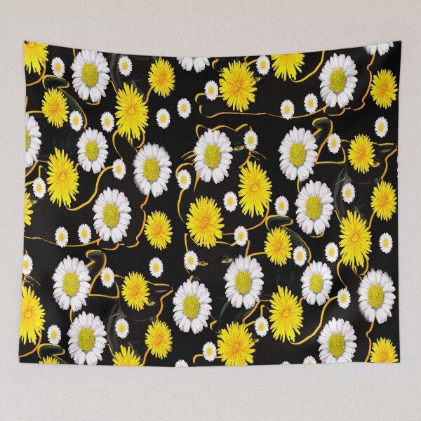 Item preview, Black cats among wildflower feelings pattern cats among dandelions And daisies designed and sold by Artonmytee.