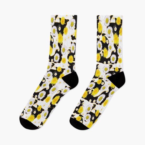 Item preview, Black cats on white among wildflower feelings pattern cats among dandelions And daisies designed and sold by Artonmytee.