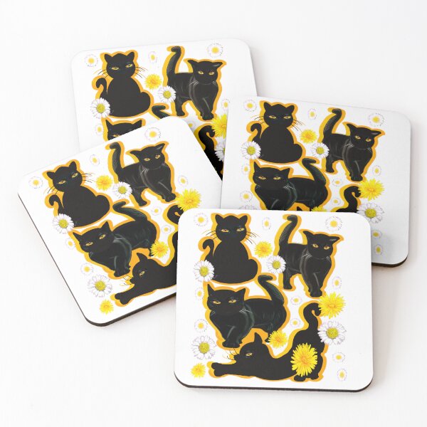 Item preview, Black cats on white among wildflower feelings garden pattern cats among dandelions And daisies designed and sold by Artonmytee.