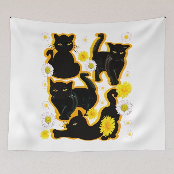 Item preview, Black cats on white among wildflower feelings garden pattern cats among dandelions And daisies designed and sold by Artonmytee.