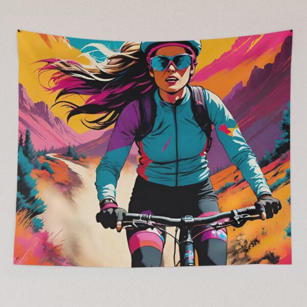 Item preview, Windblown Thrills: Woman MTB Rider Flying Down Steep Hill designed and sold by GrizzlyCollective.