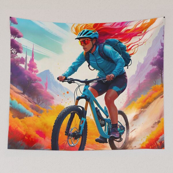 Item preview, Autumn Trail Bliss: Woman MTB Rider Amidst Falling Leaves designed and sold by GrizzlyCollective.