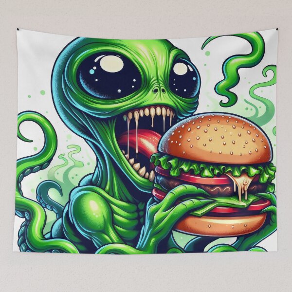 Item preview, Extraterrestrial Delight: Alien Enjoying a Hamburger designed and sold by MyHappyArtShop.