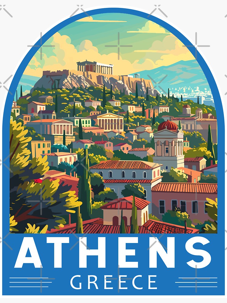 Thumbnail 3 of 3, Sticker, Athens Greece Travel Art Emblem designed and sold by KrisSidDesigns.