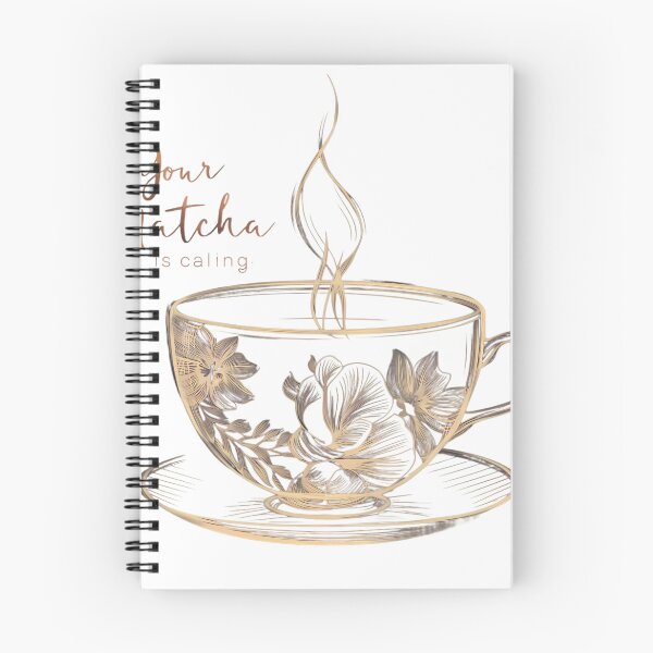 Item preview, Fine lines forming the silhouette of beautiful cup of matcha made of floral patterns, along with text: "Your matcha is calling" in gold copper tones against dark purple background. designed and sold by brokenpones.