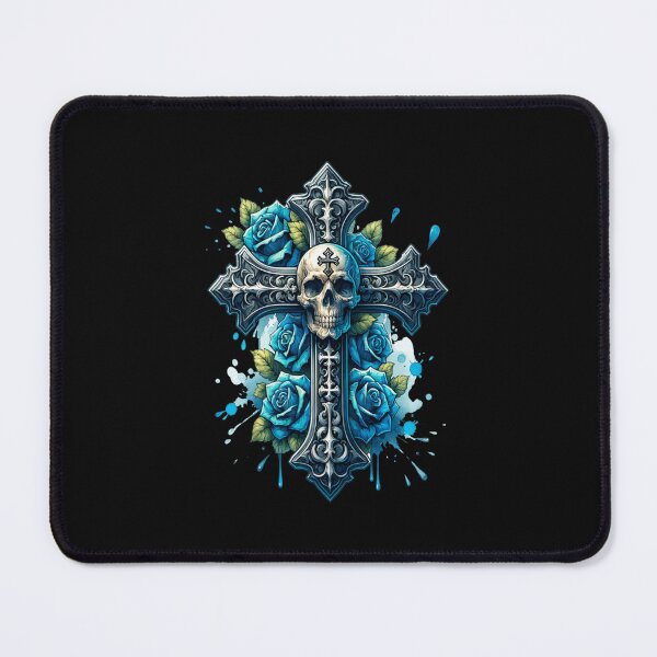 Item preview, Gothic Elegance: Skull and Blue Roses Cross designed and sold by MysticOzzy.