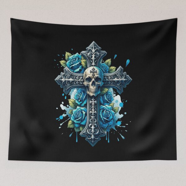 Item preview, Gothic Elegance: Skull and Blue Roses Cross designed and sold by MysticOzzy.