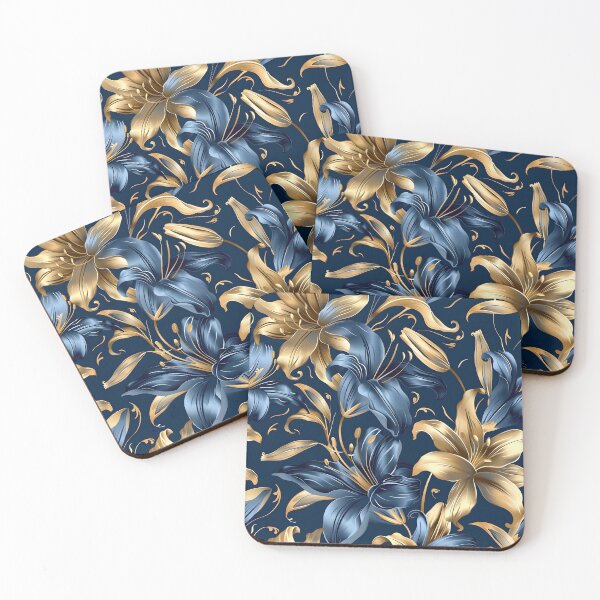 Item preview, elegant blue and gold lilys print designed and sold by dcrc.