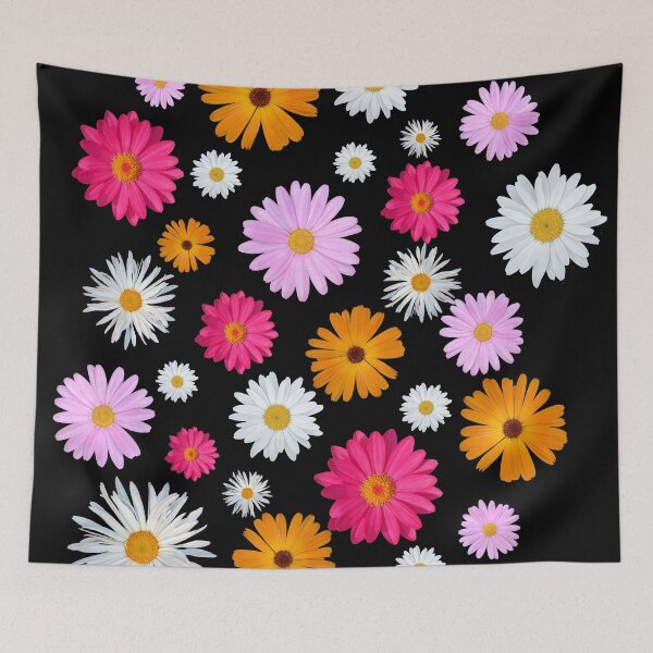 Item preview, Colorful Happy White Orange Pink Magenta Daisy Flowers Shapes on Black Mania Shapes Mania designed and sold by Shapes-Mania.
