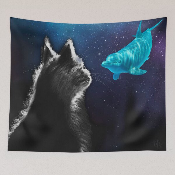 Item preview, Cat Dreaming of Space Dolphins designed and sold by ArtbyMikkiC.