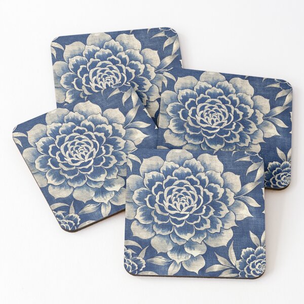 Item preview, Peony Roses Pattern Indigo blue japanese shibori designed and sold by patterncrow.