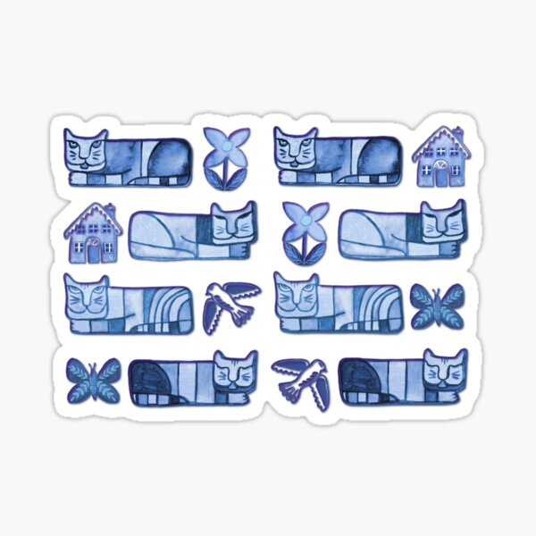 Blue cat cubist modern geometric art in watercolor Sticker