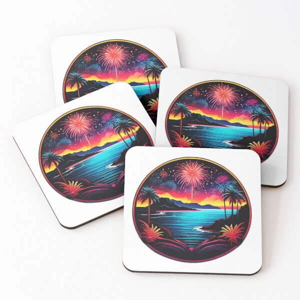 Item preview, Neon Fireworks over Neon Ocean with Neon Hawaii Orchids designed and sold by NautiChic.