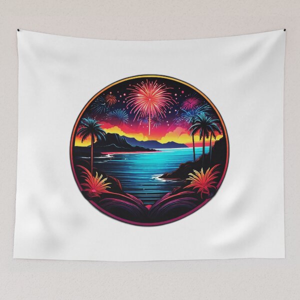 Item preview, Neon Fireworks over Neon Ocean with Neon Hawaii Orchids designed and sold by NautiChic.