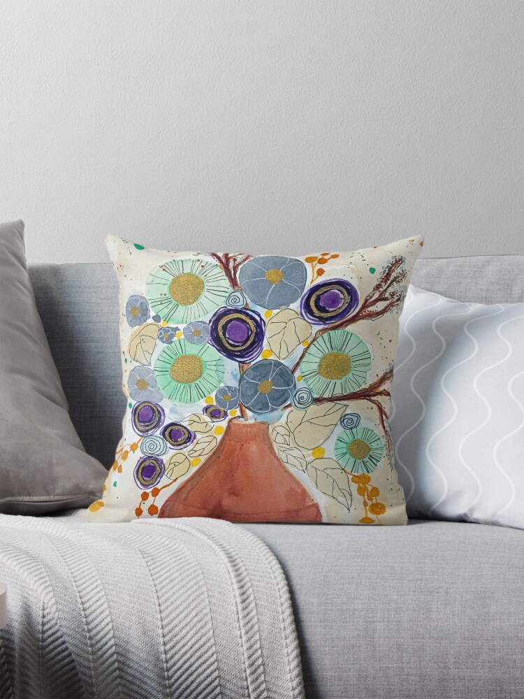 Thumbnail 1 of 4, Pillow, Brown vase with fantasy flowers designed and sold by BirgitteB.