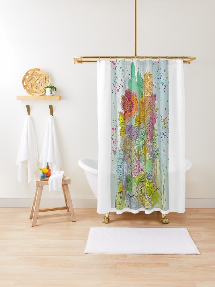 Thumbnail 1 of 5, Shower Curtain, Coral tower with green designed and sold by BirgitteB.