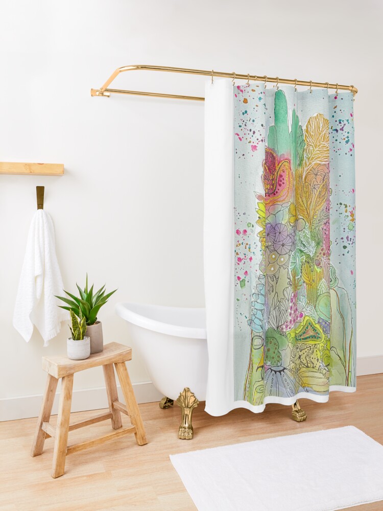 Thumbnail 3 of 5, Shower Curtain, Coral tower with green designed and sold by BirgitteB.