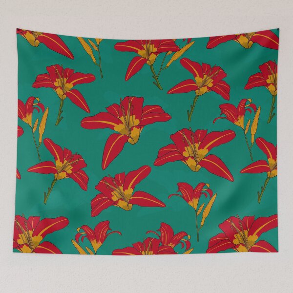 Item preview, Red Daylily Pattern with Green Background designed and sold by danibelldesigns.
