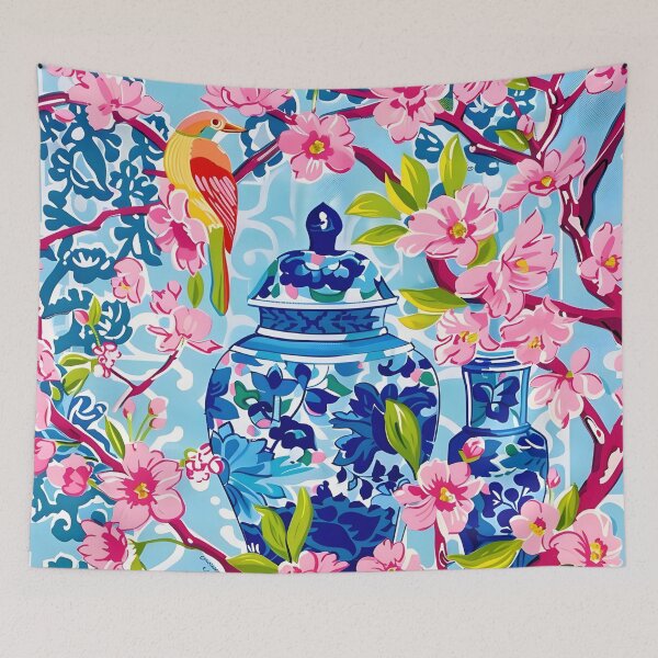 Item preview, Cherry blossom branches and blue and white ginger jars designed and sold by SophieClimaArt.