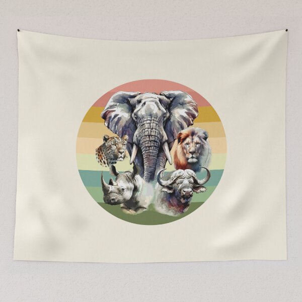 Item preview, Africa's Big 5 Watercolor on Retro Sunset for Wildlife Fans designed and sold by Scotch Macaskill.