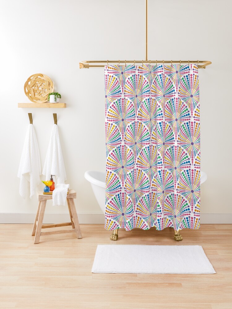 Shower Curtain, Maximalist Rainbow Sea Urchin Dot Mandala Art Deco Scallop designed and sold by Triplicate Limited