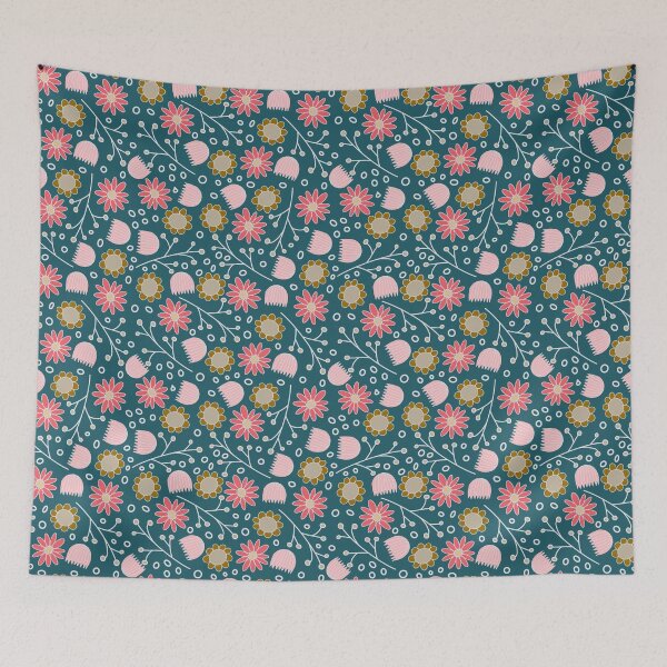 Item preview, Abstract floral pattern in pink, beige, mustard yellow and white on petrol designed and sold by Ninaeva.