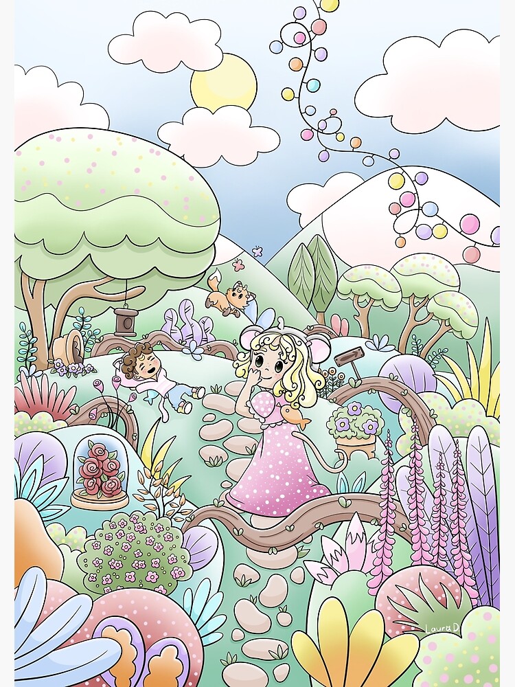 Thumbnail 3 of 3, Poster, Hello April! Landscape in flowers, animals and chibis designed and sold by Pilou-Pixel.